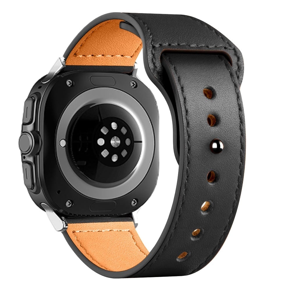Leather Strap with Snap Closure, black, on a watch, 3/4 rear view