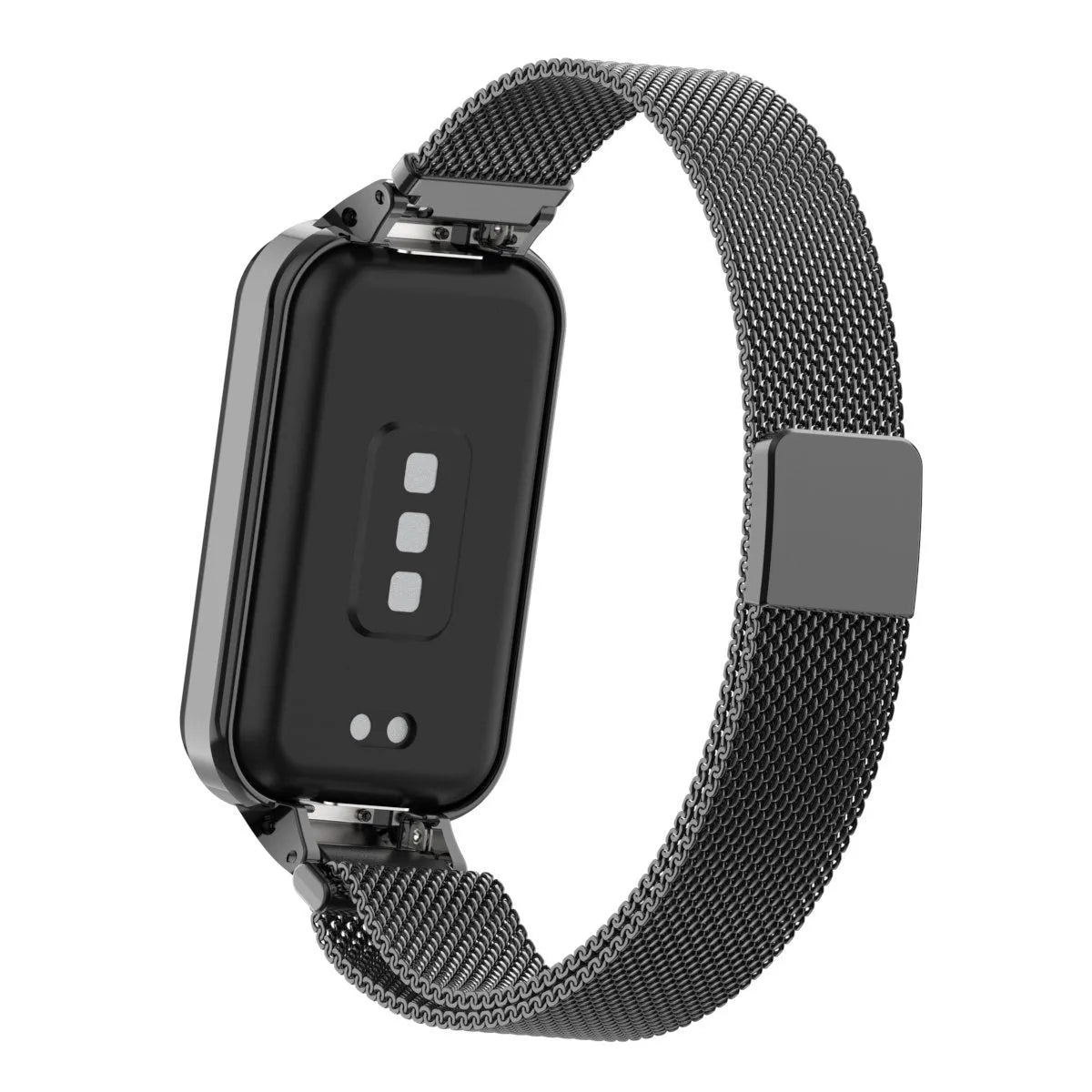 Milanese Strap, black, on a watch, 3/4 rear view