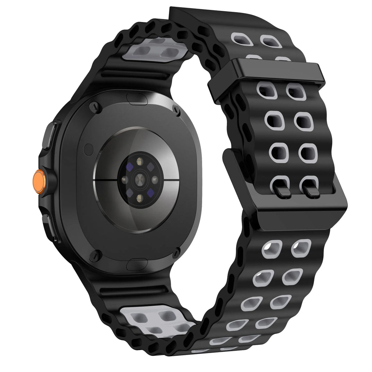 Silicone Ocean Strap, black/grey, on a watch, 3/4 rear view