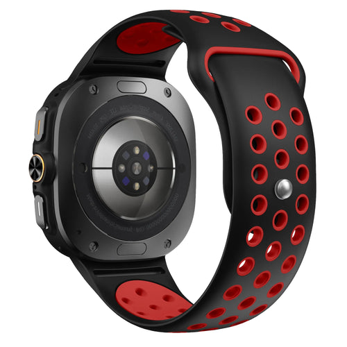 Silicone Sport Strap, black/red, on a watch, 3/4 rear view