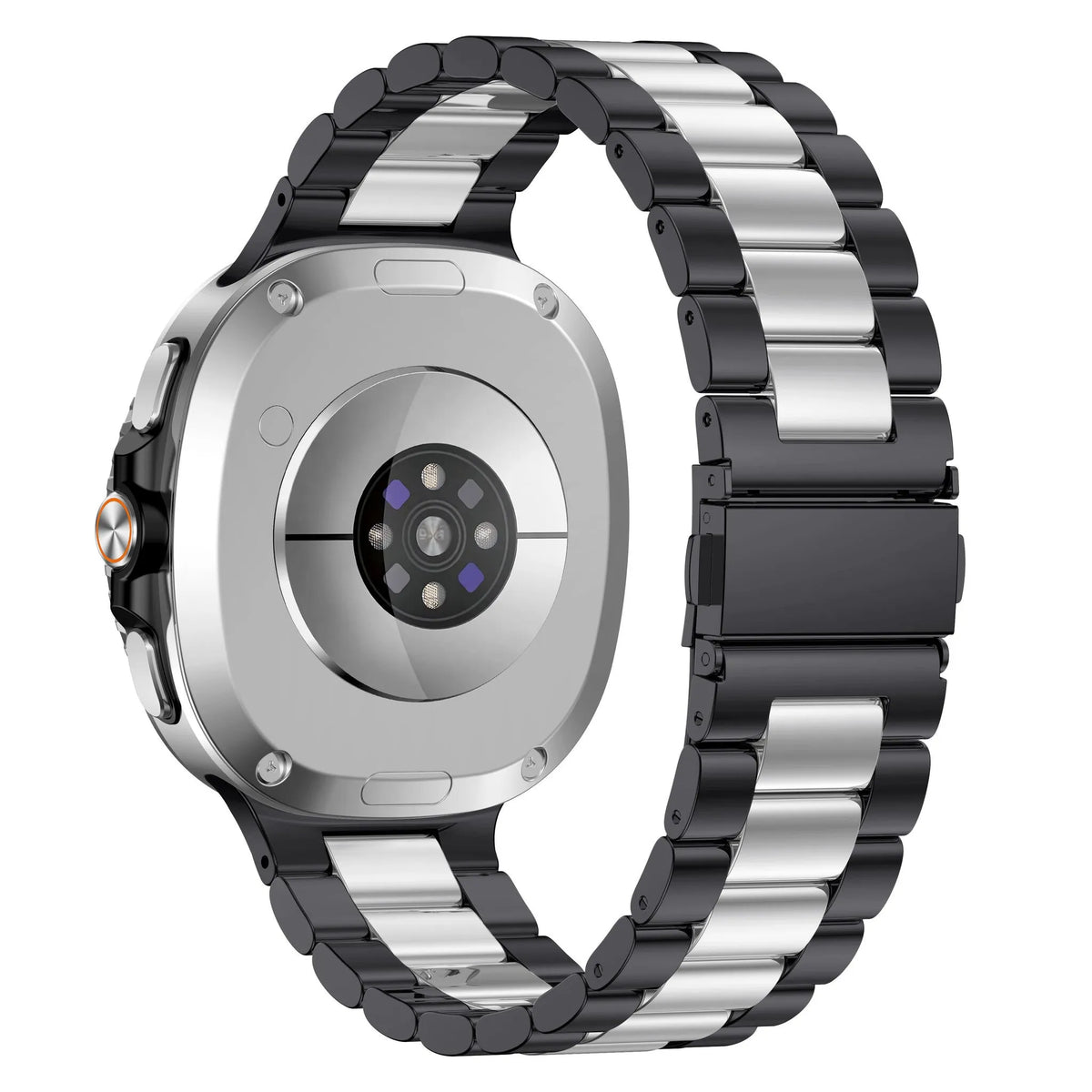 Steel Strap, black/silver, on a watch, 3/4 rear view