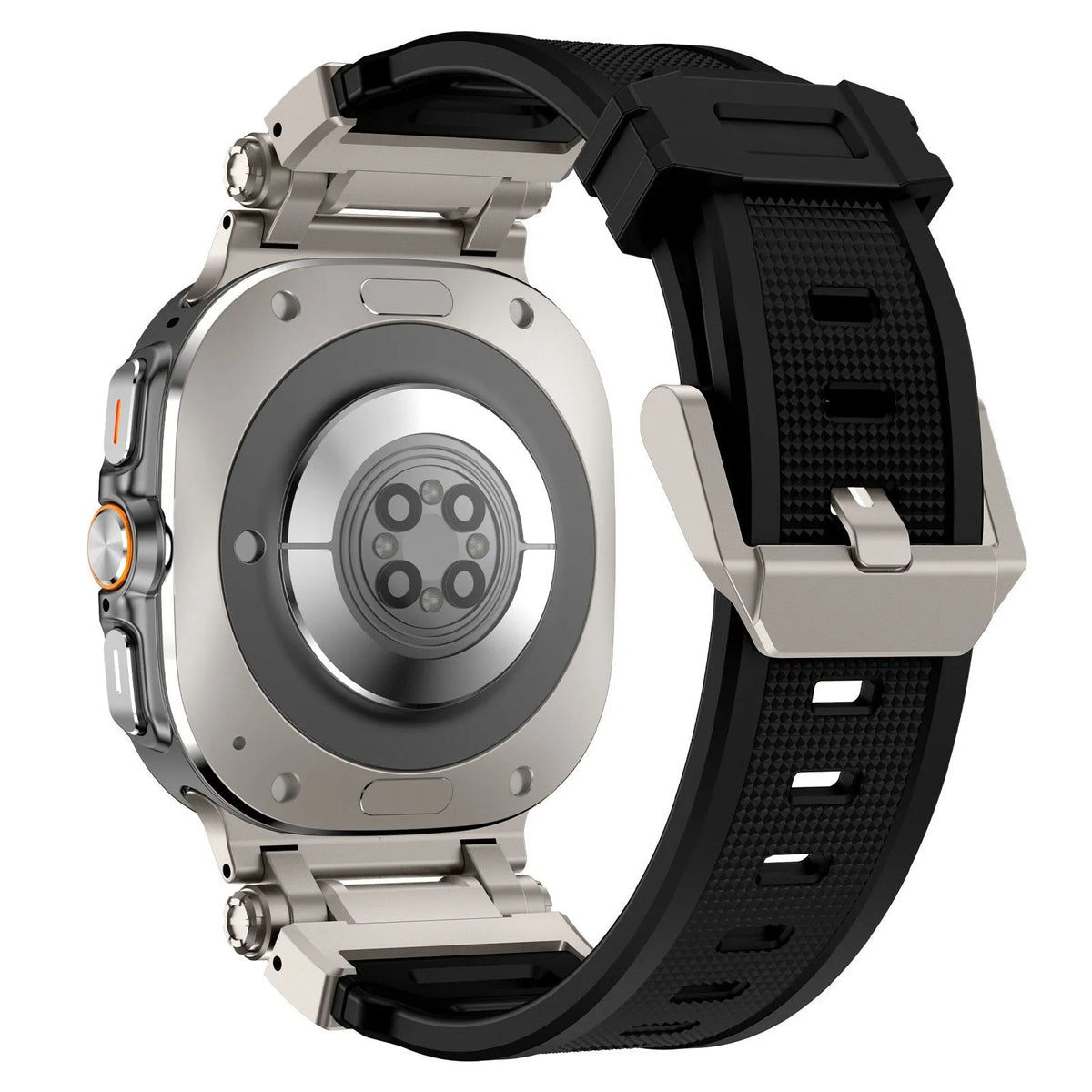 Silicone Strap 'Explorer', black with titanium, on a watch, 3/4 rear view