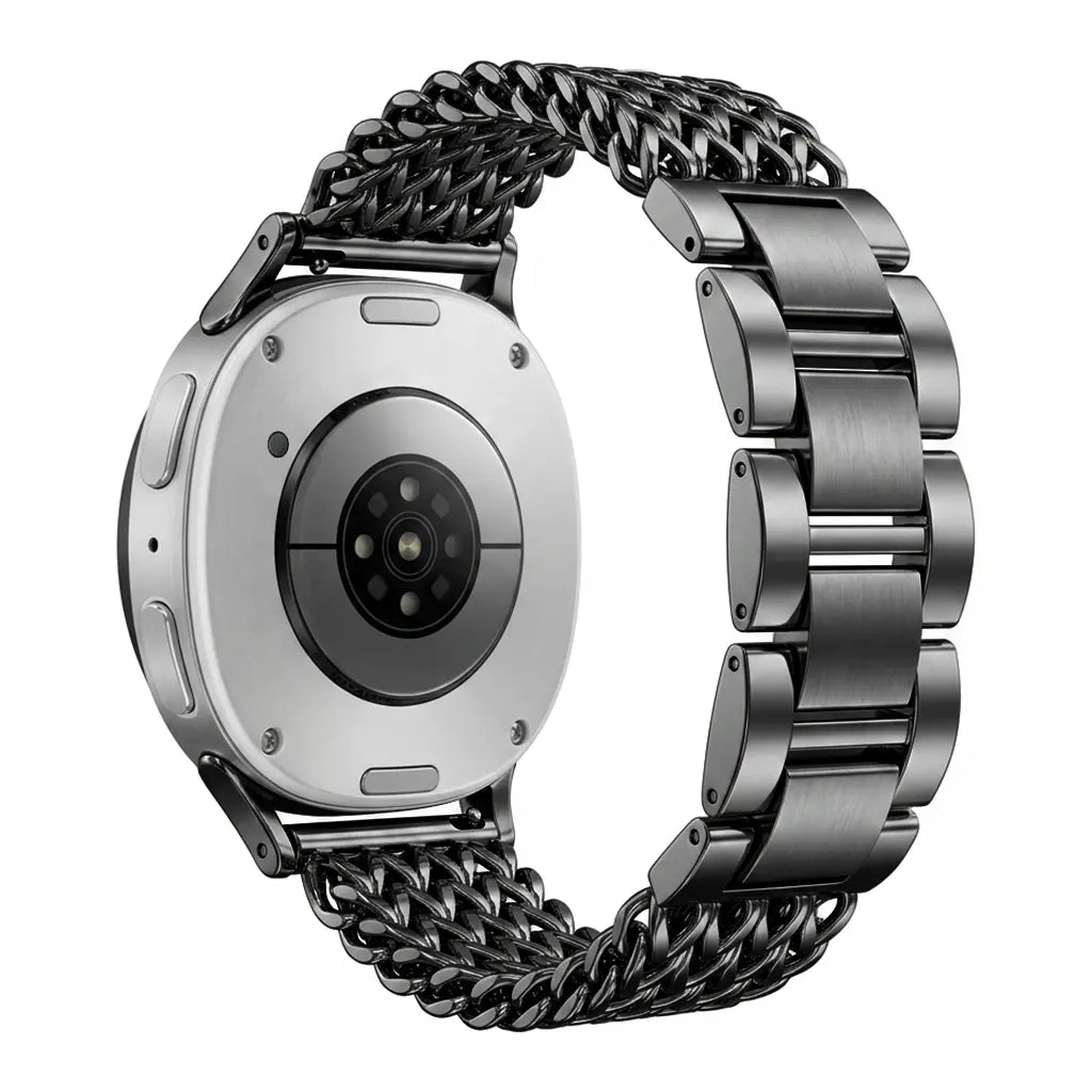 Metal Mesh Strap, black, on a watch, 3/4 rear view