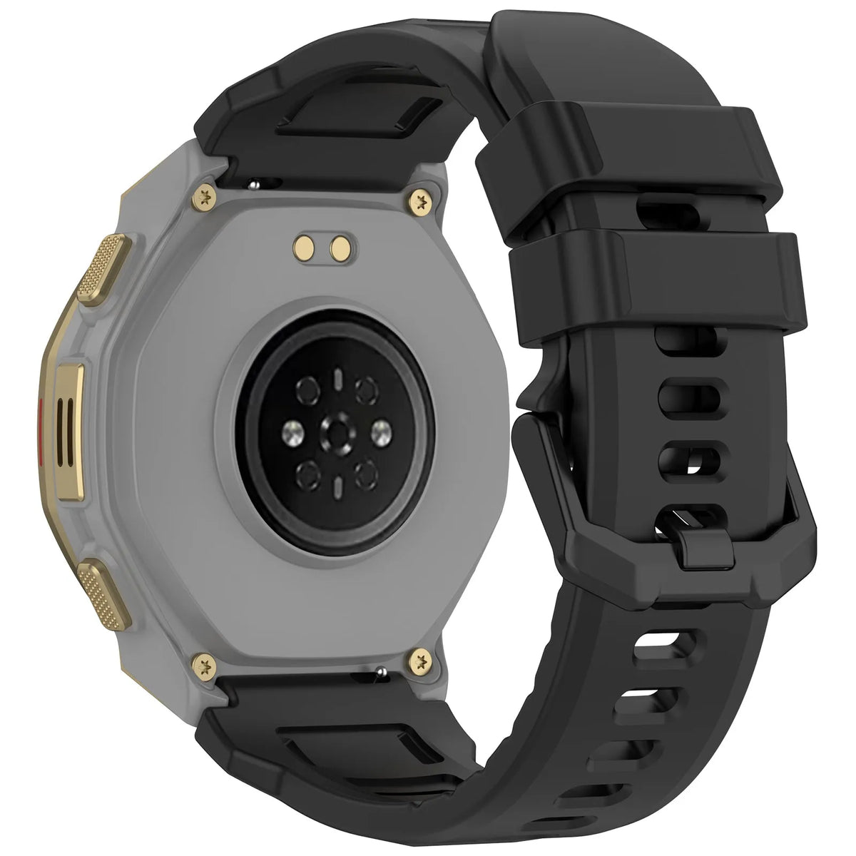 Silicone Strap, black, on a watch, 3/4 rear view