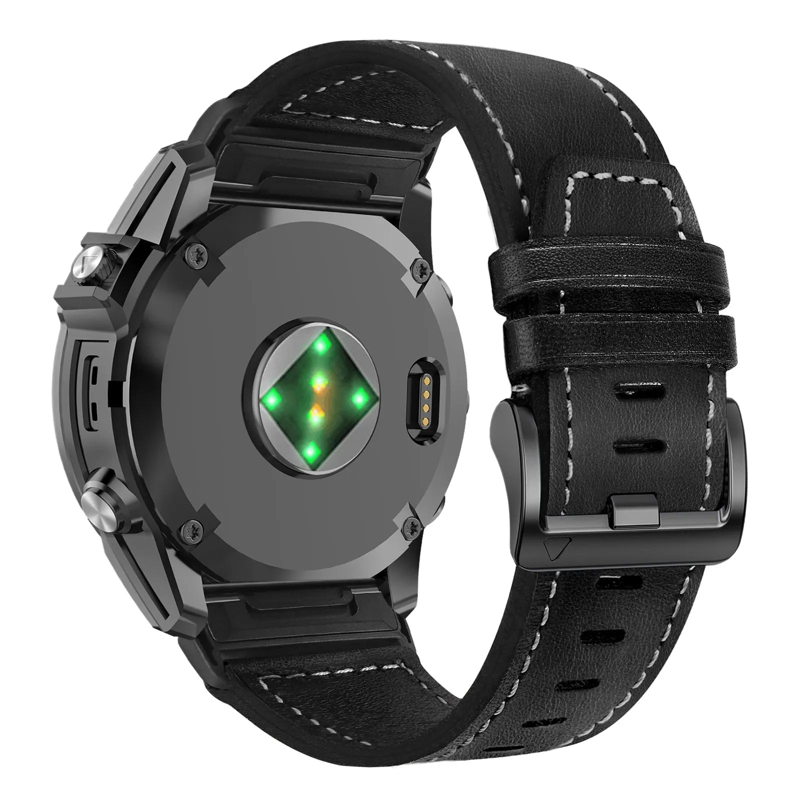 Premium Leather Strap, black, on a watch, 3/4 rear view