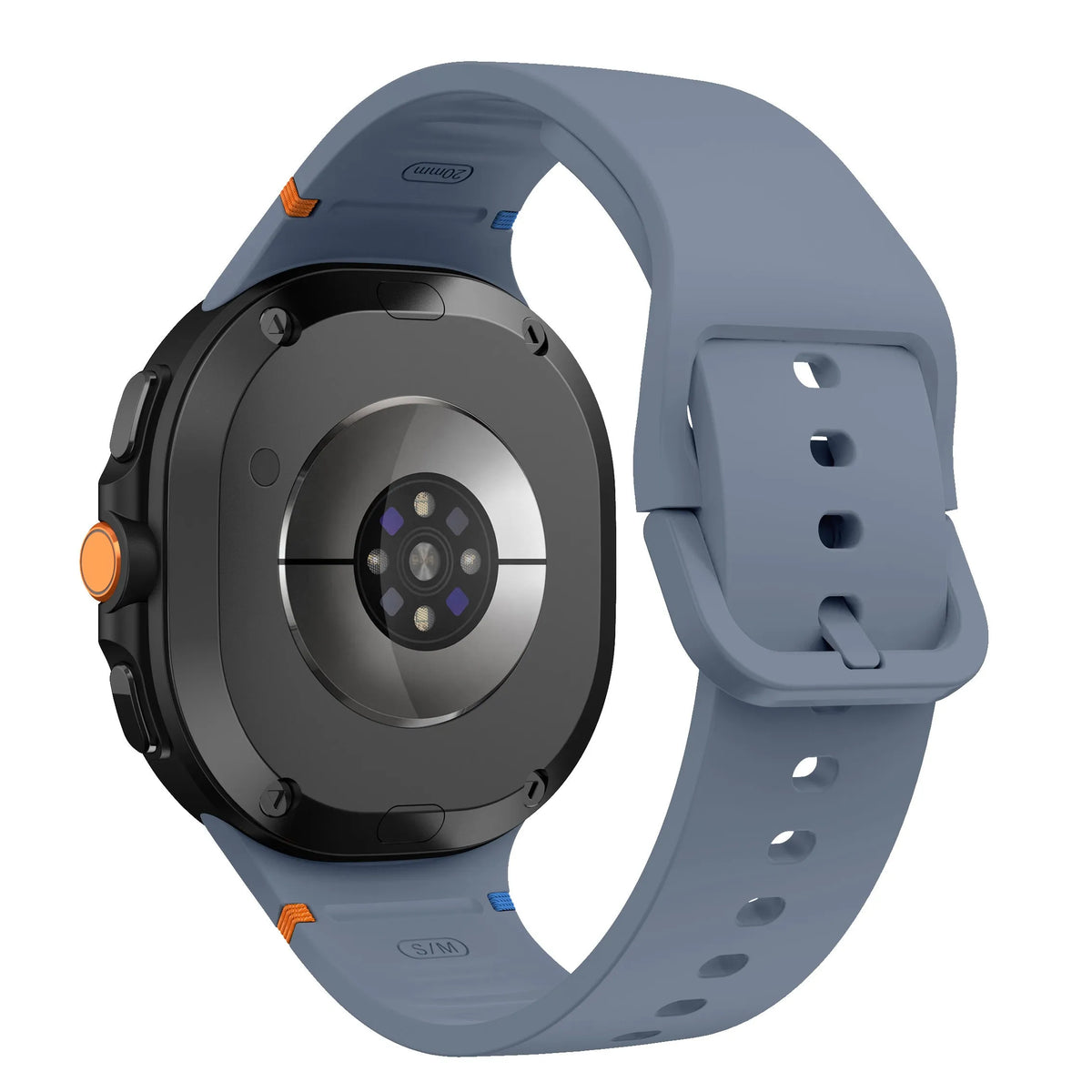 Silicone Strap, grey-blue, on a watch, 3/4 rear view