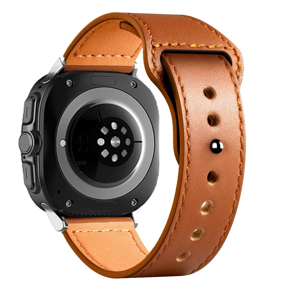 Leather Strap with Snap Closure, brown, on a watch, 3/4 rear view