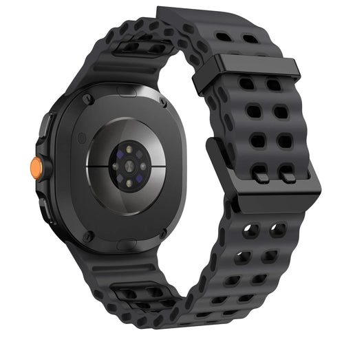 Silicone Ocean Strap, dark grey/black, on a watch, 3/4 rear view