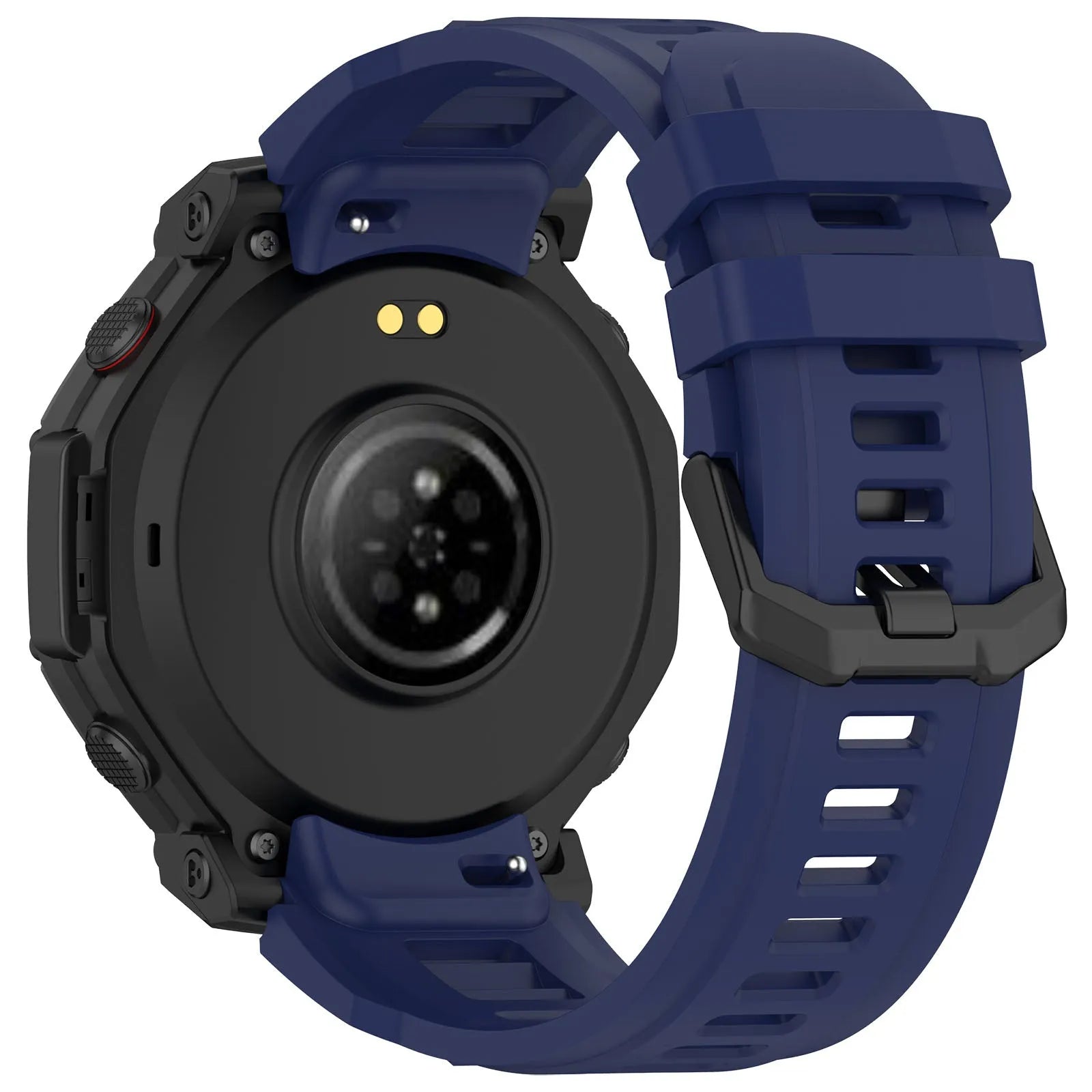 Silicone Strap, dark blue, on a watch, 3/4 rear view