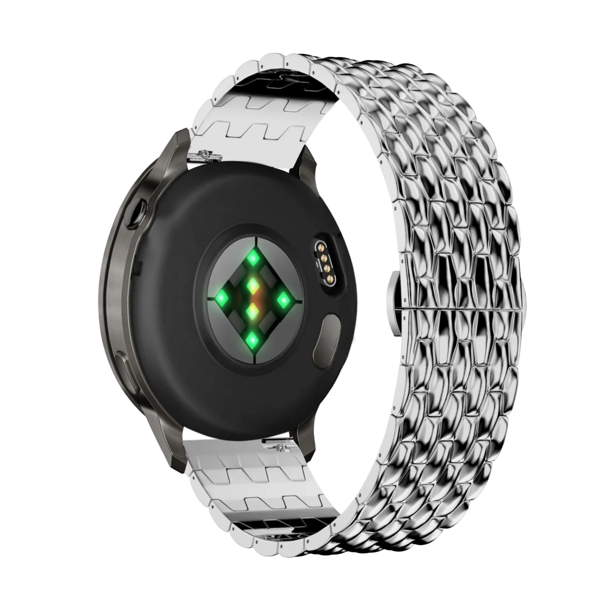 Steel Strap 'Dragon', silver, on a watch, 3/4 rear view