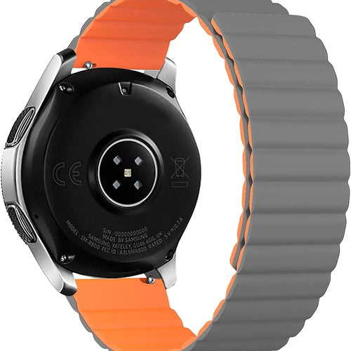Magnetic Silicone Strap, grey/orange, on a watch, 3/4 rear view