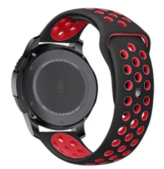 Silicone Sport Strap, black/red, on a watch, 3/4 rear view