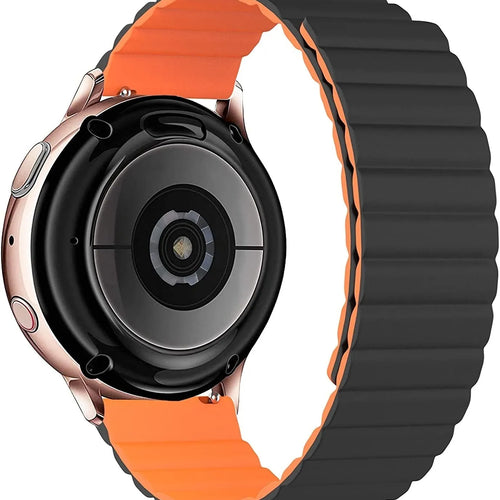 Magnetic Silicone Strap, black/orange, on a watch, 3/4 rear view