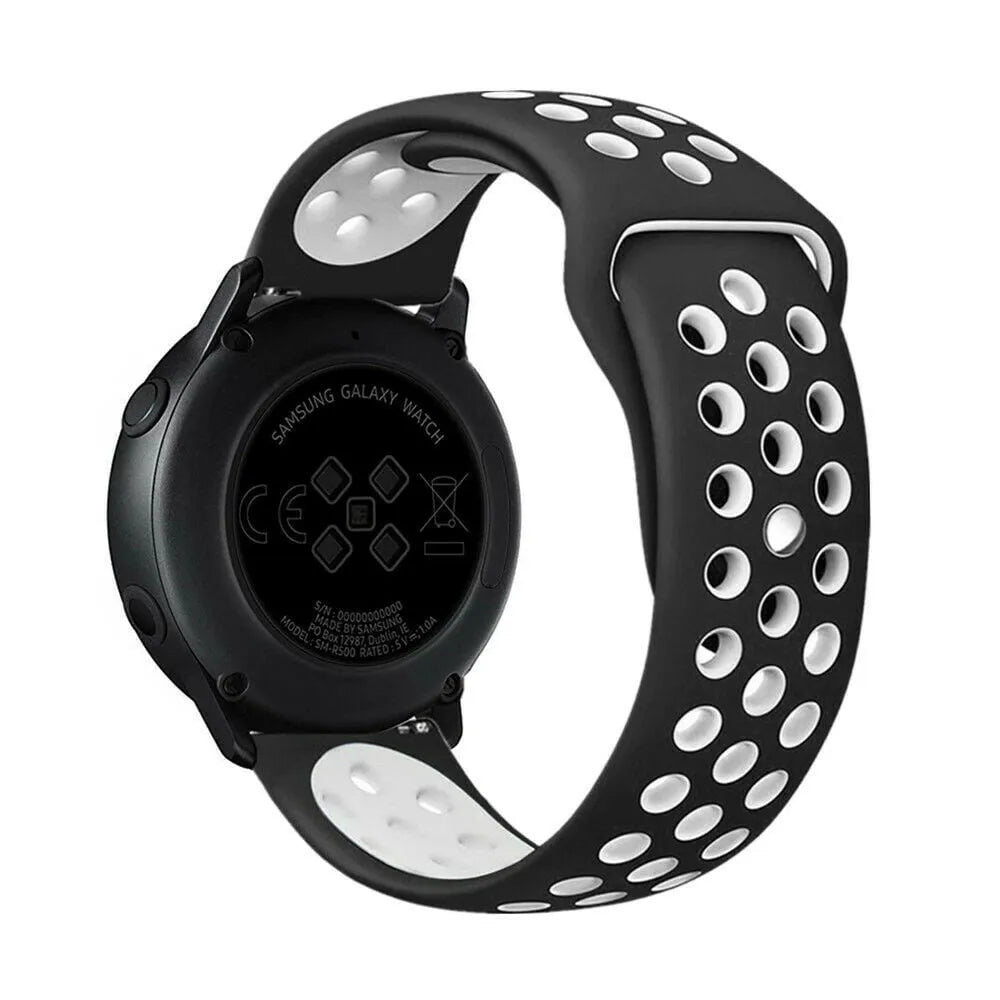 Silicone Sport Strap, black/white, on a watch, 3/4 rear view