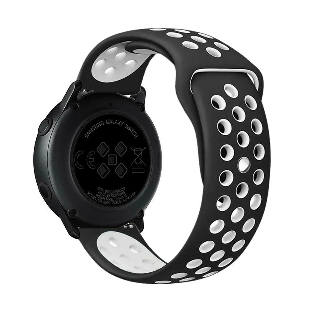 Silicone Sport Strap, black/white, on a watch, 3/4 rear view