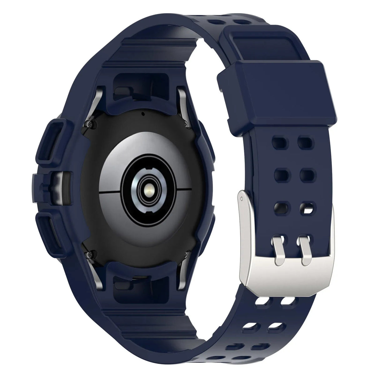 Silicone Strap with Frame, dark blue, on a watch, 3/4 rear view