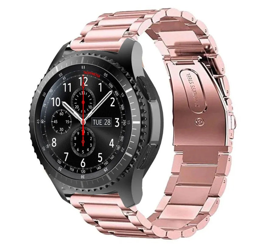 Steel Strap, pink, on a watch, 3/4 rear view