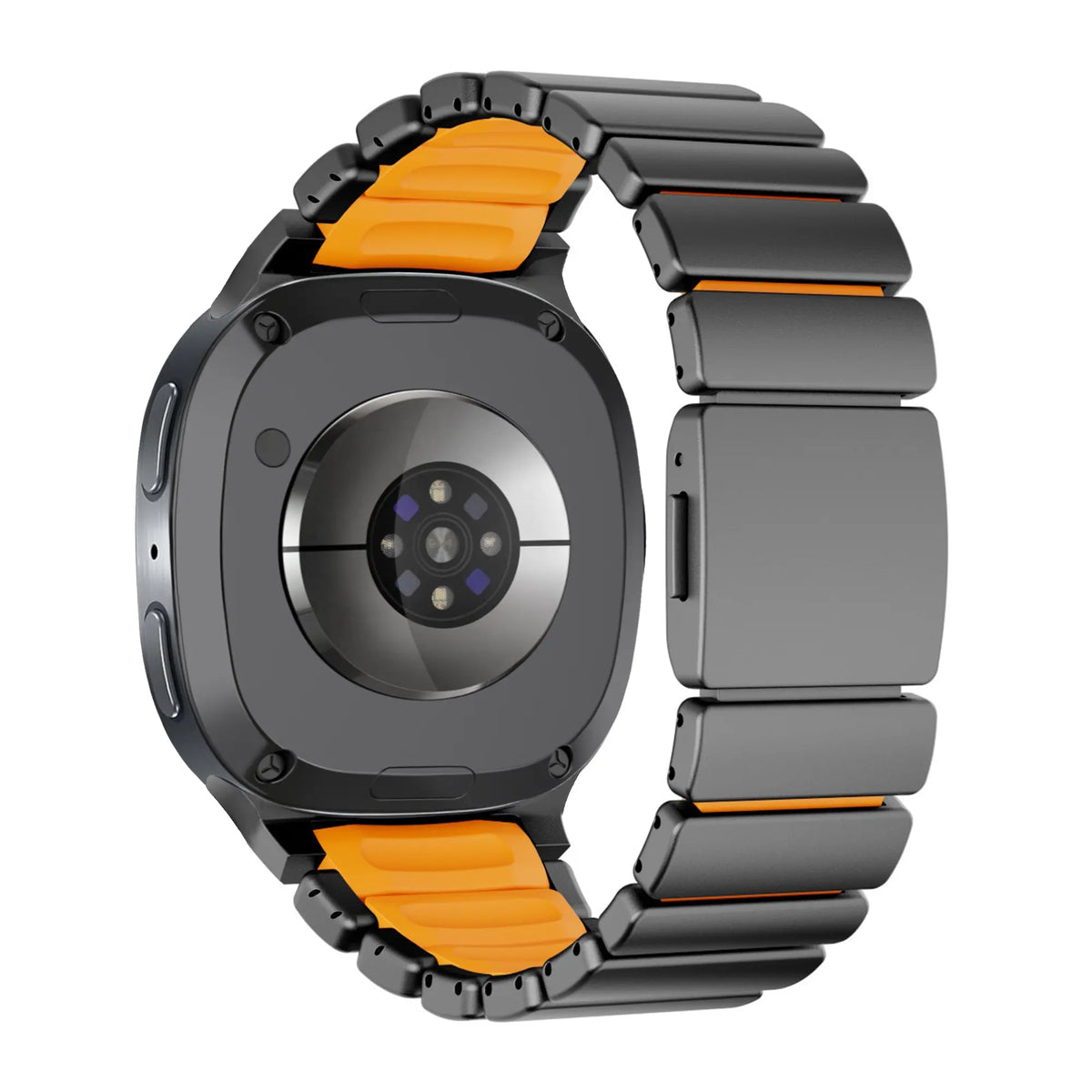 Titanium Strap 'Hybrid', black/orange, on a watch, 3/4 rear view