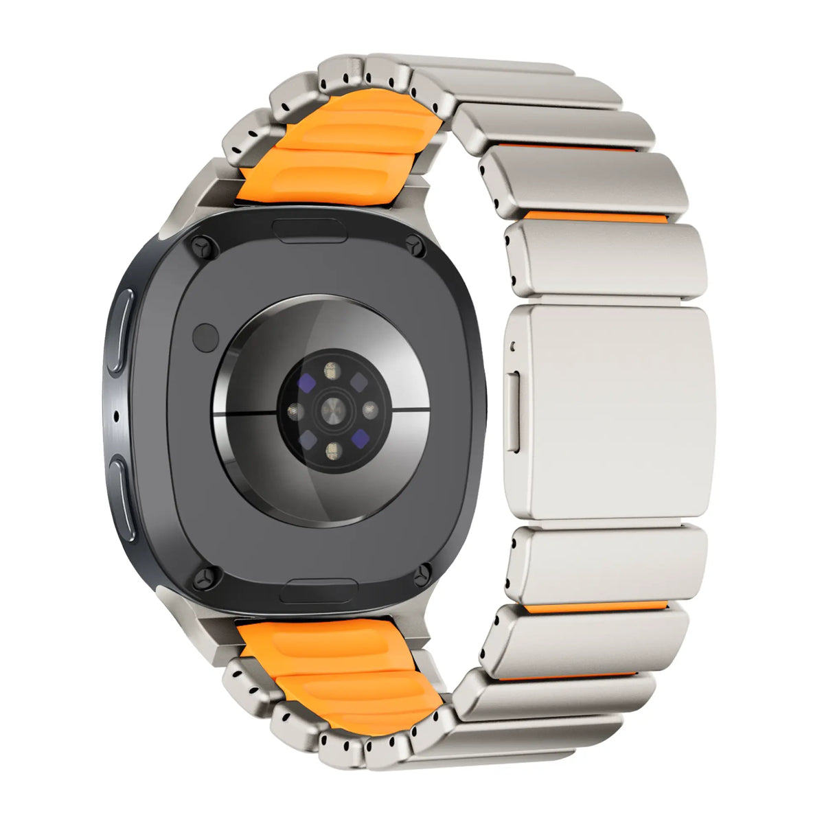 Titanium Strap 'Hybrid', titanium/orange, on a watch, 3/4 rear view