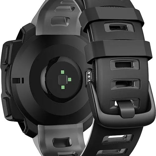 Silicone Sport Strap, black/grey, on a watch, 3/4 rear view