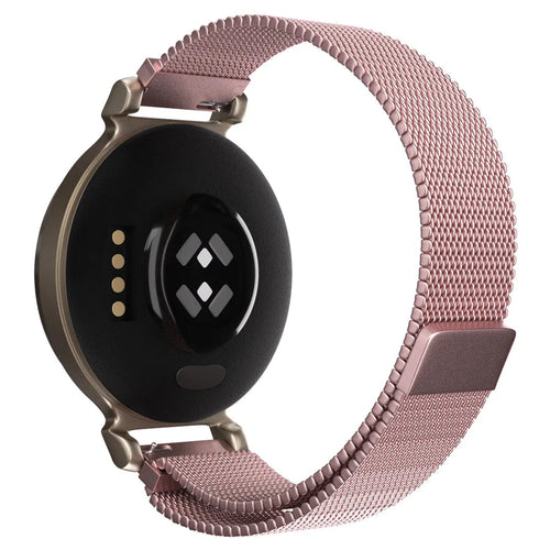 Milanese Strap, pink, on a watch, 3/4 rear view
