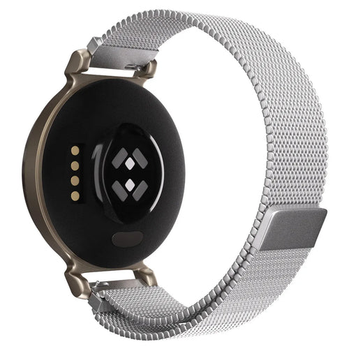Milanese Strap, silver, on a watch, 3/4 rear view