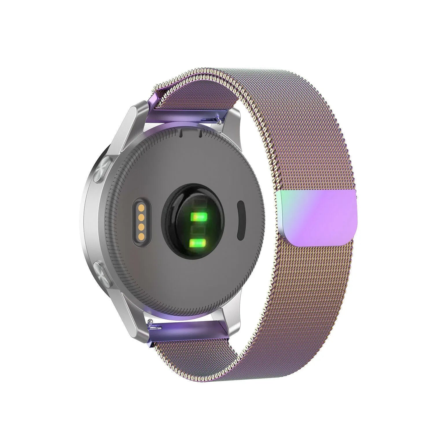 Milanese Strap, rainbow, on a watch, 3/4 rear view
