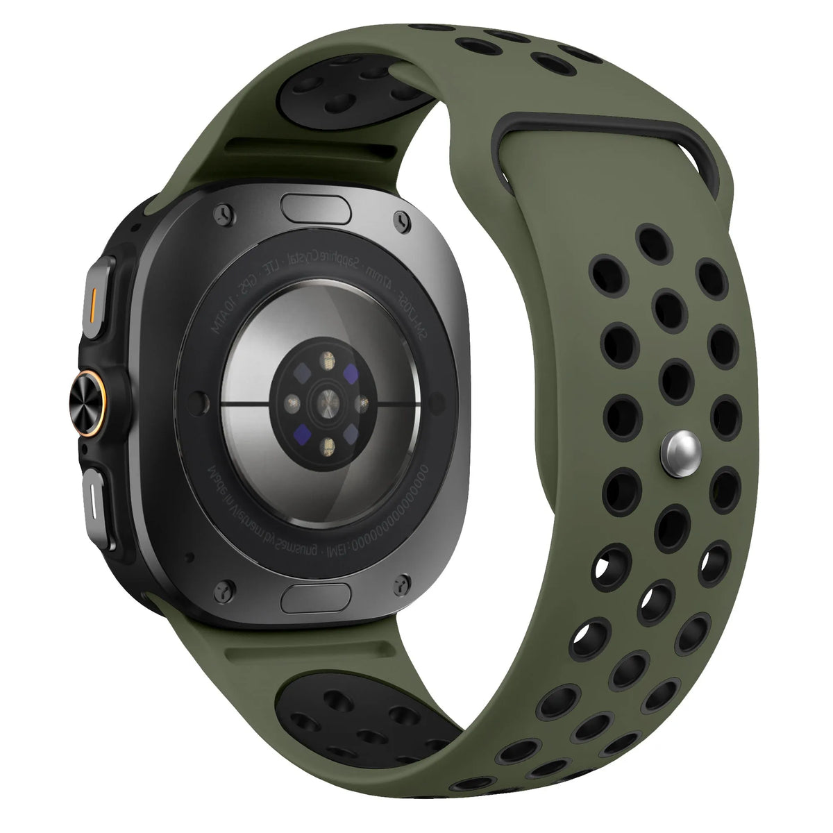 Silicone Sport Strap, army green/black, on a watch, 3/4 rear view