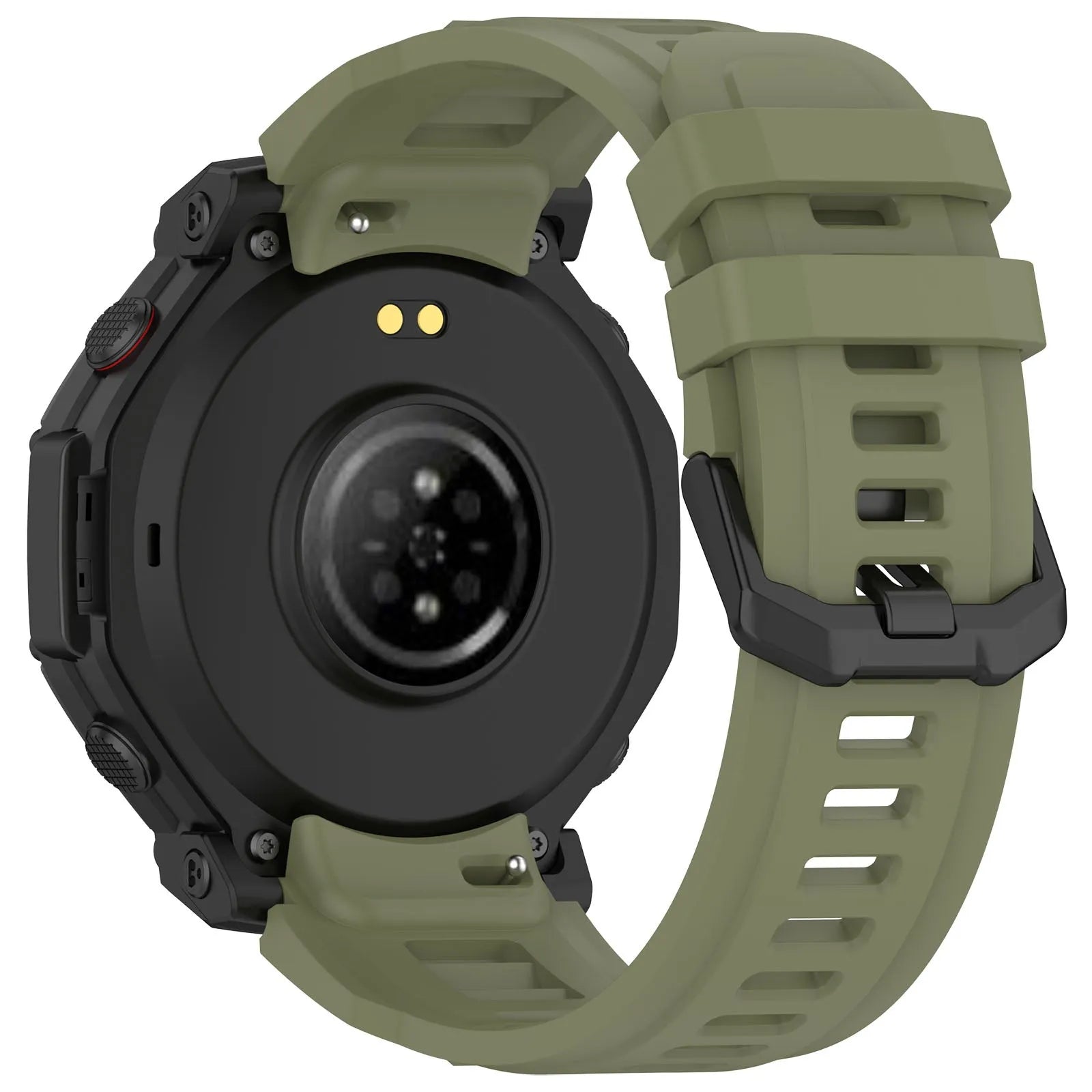 Silicone Strap, dark green, on a watch, 3/4 rear view