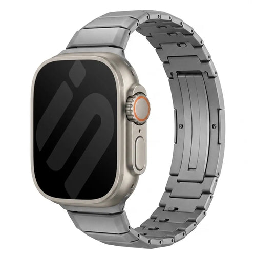 One Bead Titanium Strap, graphite, on a watch, 3/4 rear view