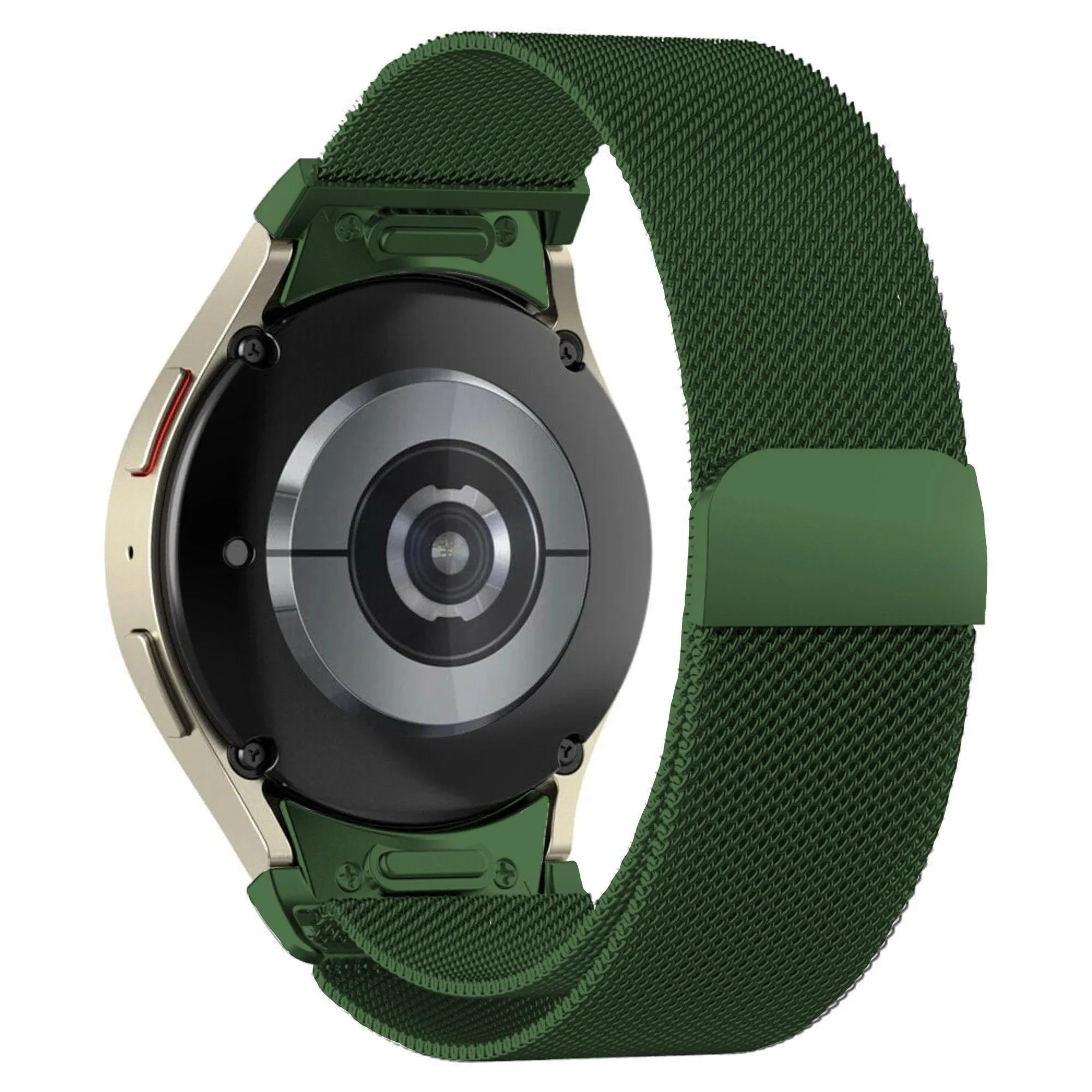 Milanese Strap 'One Push', green, on a watch, 3/4 rear view
