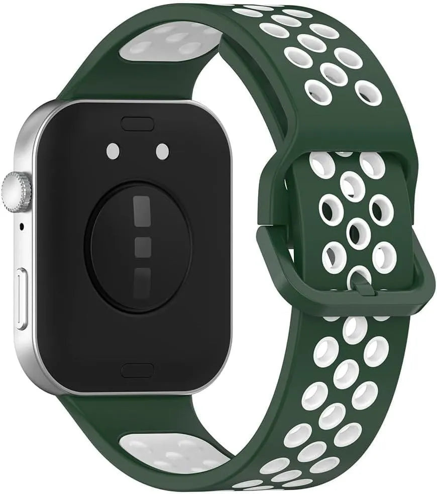 Silicone Sport Strap, green/white, on a watch, 3/4 rear view