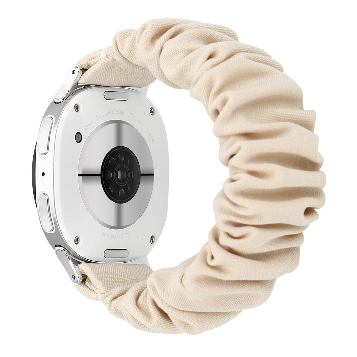 Nylon Scrunchie Strap, starlight, on a watch, 3/4 rear view