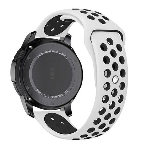 Silicone Sport Strap, white/black, on a watch, 3/4 rear view