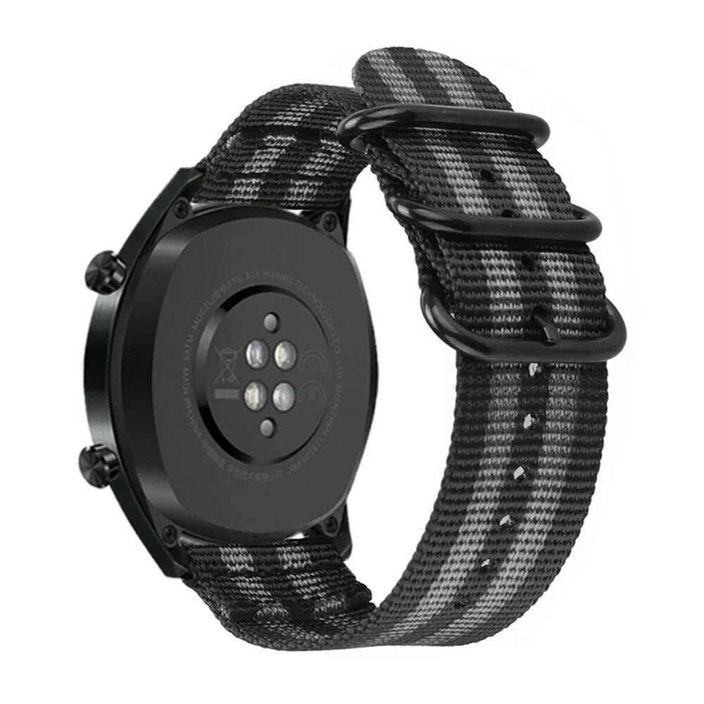 Nylon Buckle Strap, black/grey, on a watch, 3/4 rear view