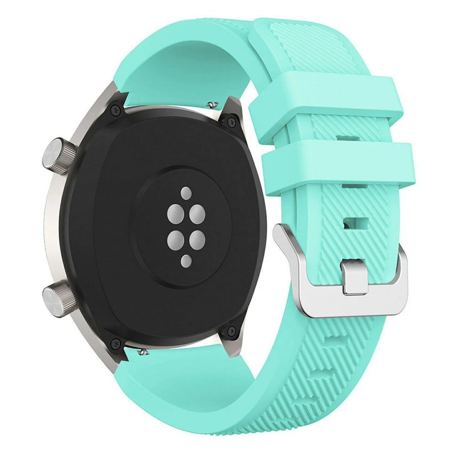 Twill Silicone Strap, aqua, on a watch, 3/4 rear view