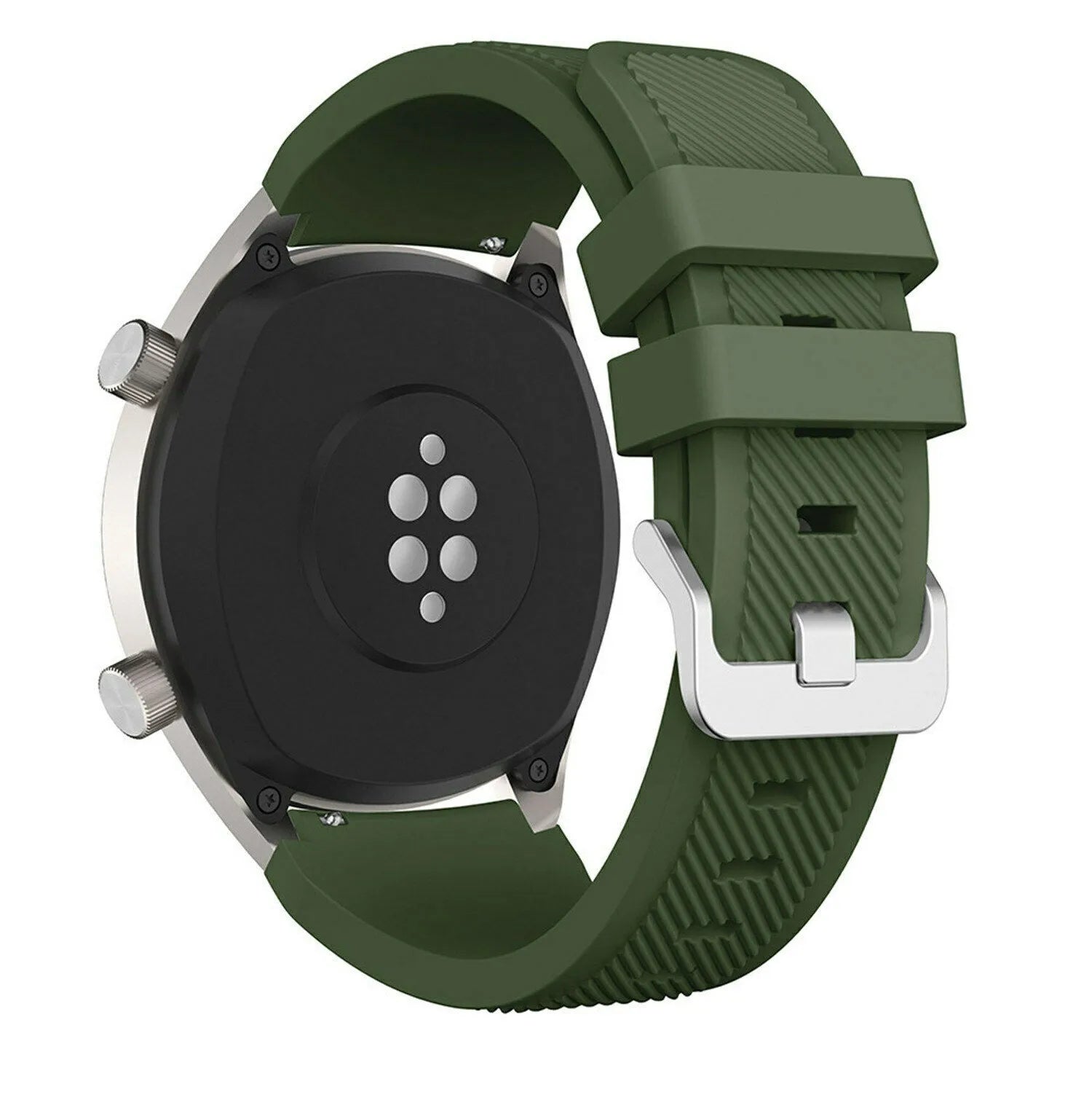 Twill Silicone Strap, army green, on a watch, 3/4 rear view