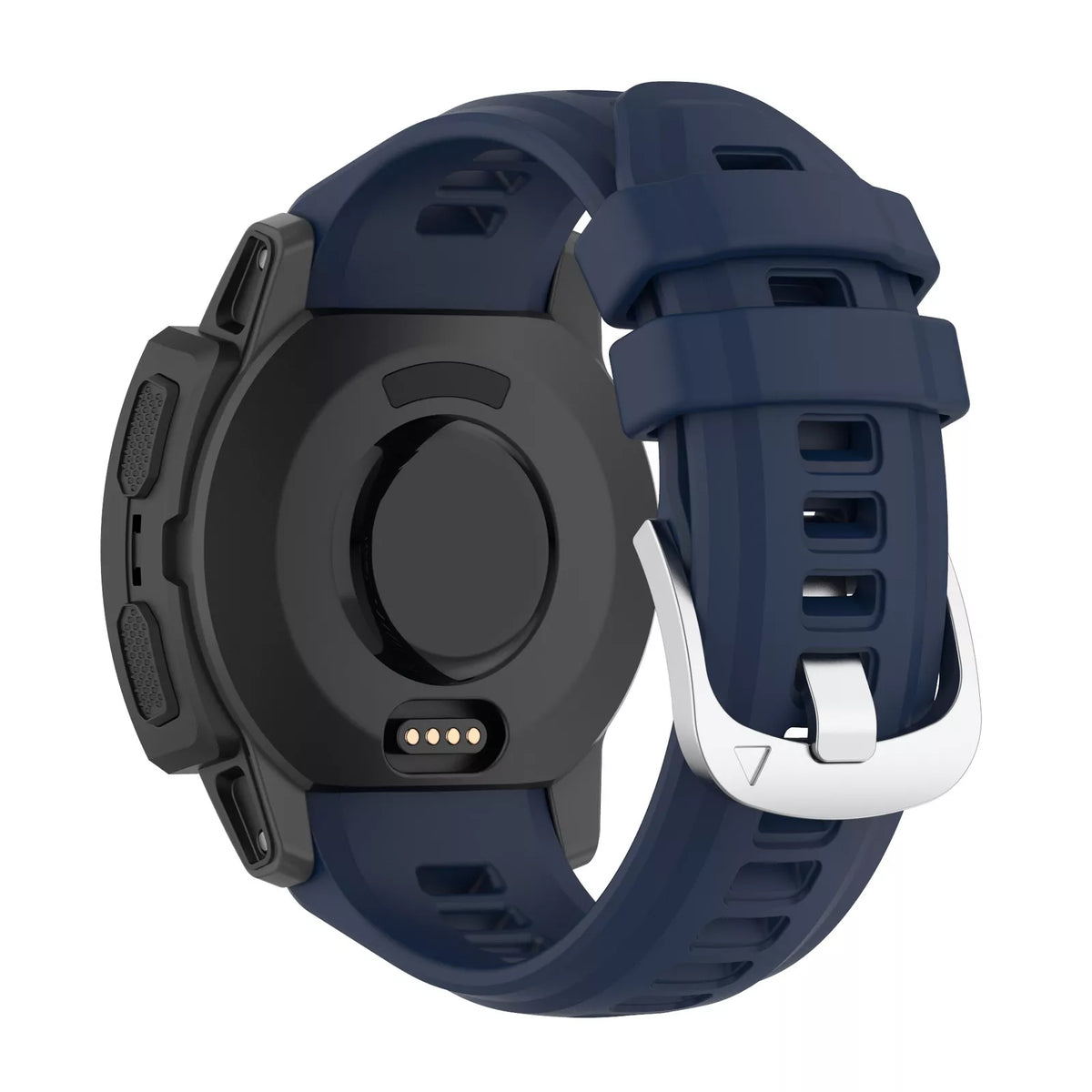 Silicone Strap, dark blue, on a watch, 3/4 rear view