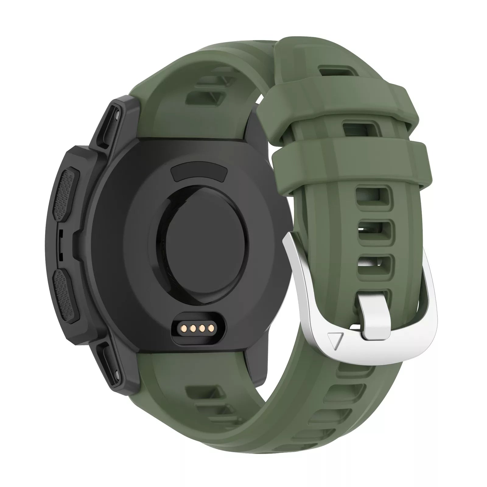Silicone Strap, dark green, on a watch, 3/4 rear view