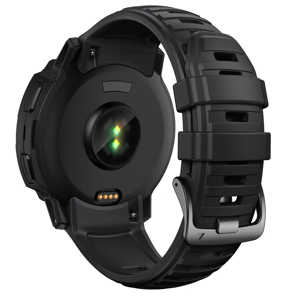 Silicone Strap, black, on a watch, 3/4 rear view
