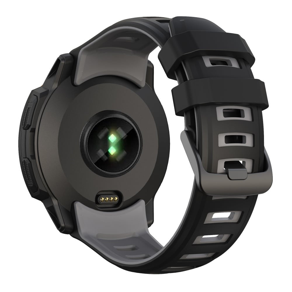 Silicone Sport Strap, black/grey, on a watch, 3/4 rear view