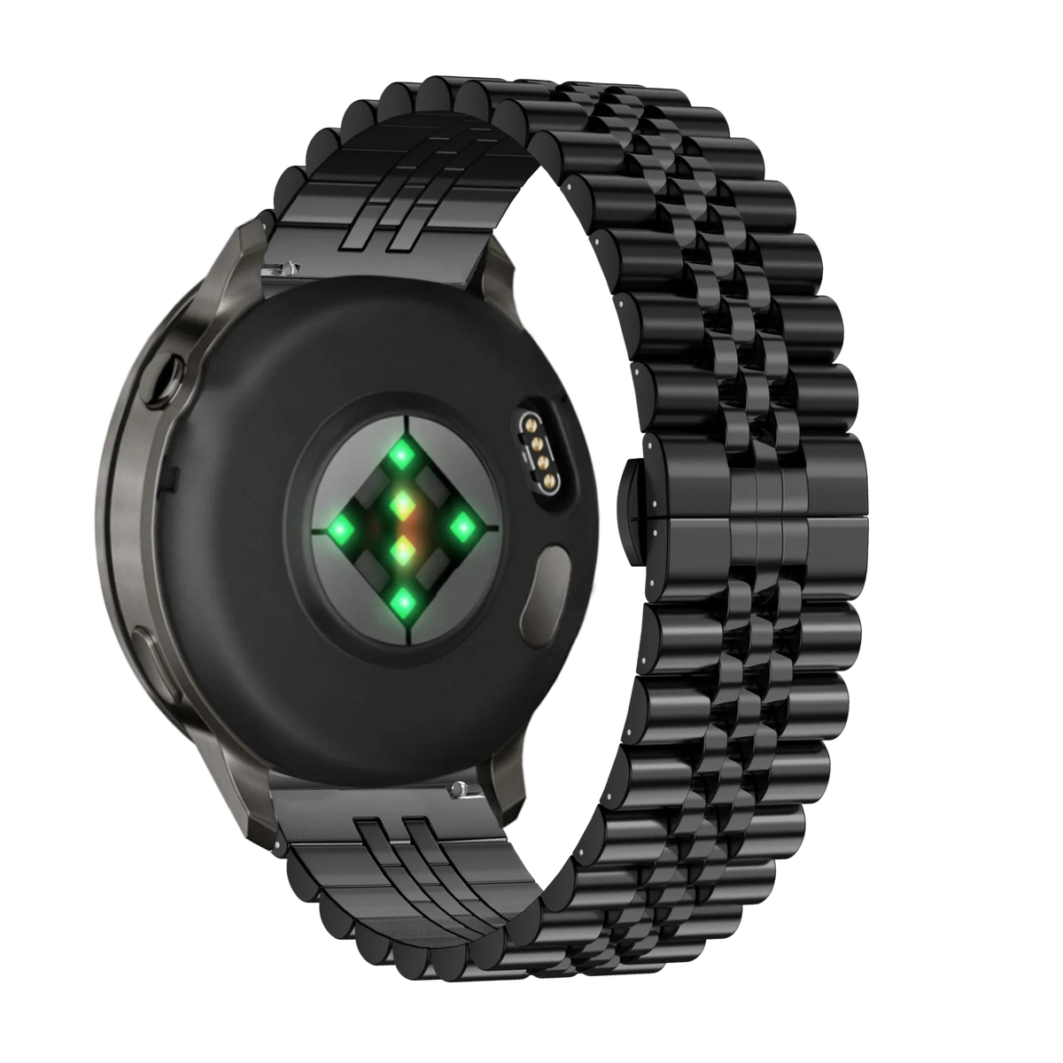 Steel Strap 'Jubilee', black, on a watch, 3/4 rear view