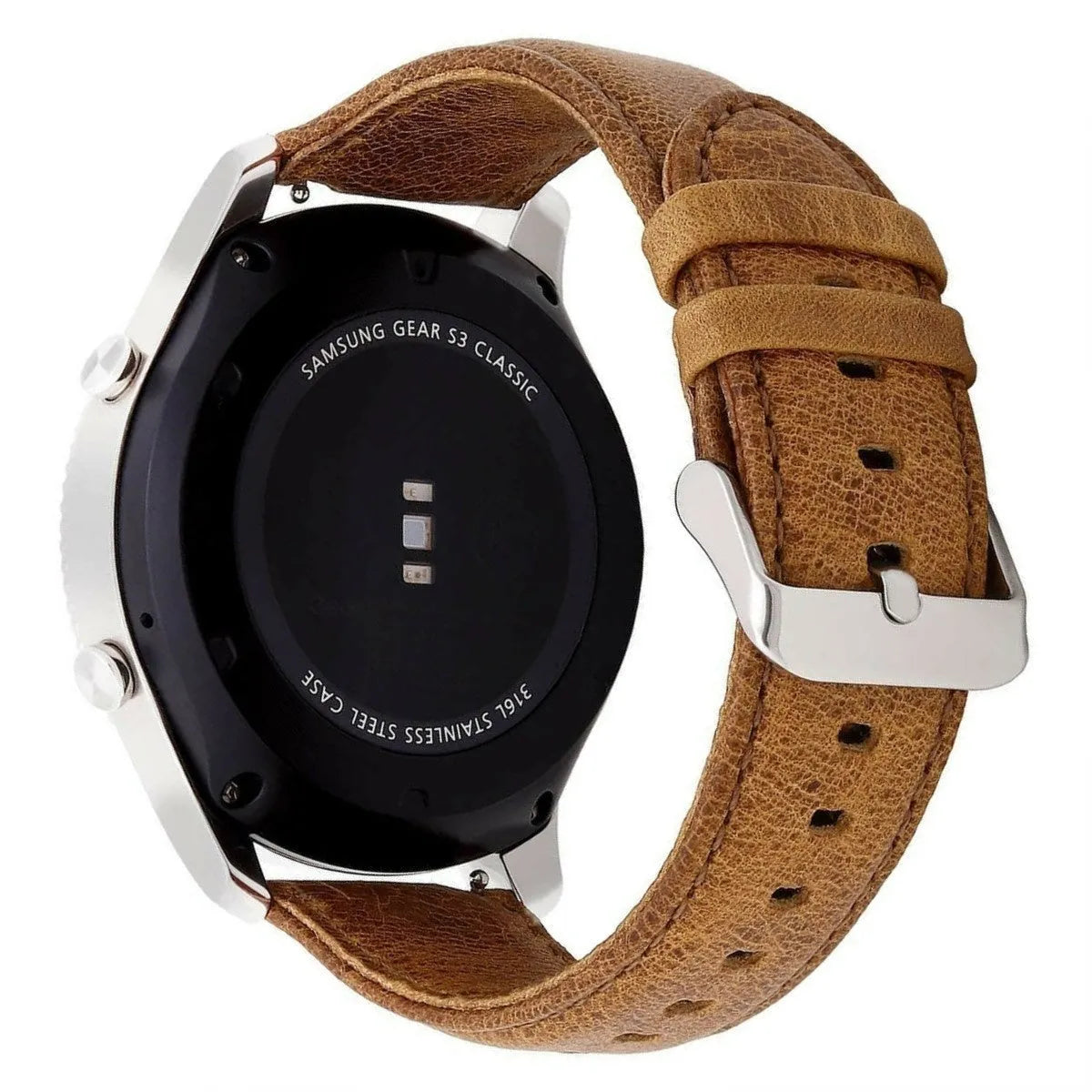 Leather Strap, brown, on a watch, 3/4 rear view