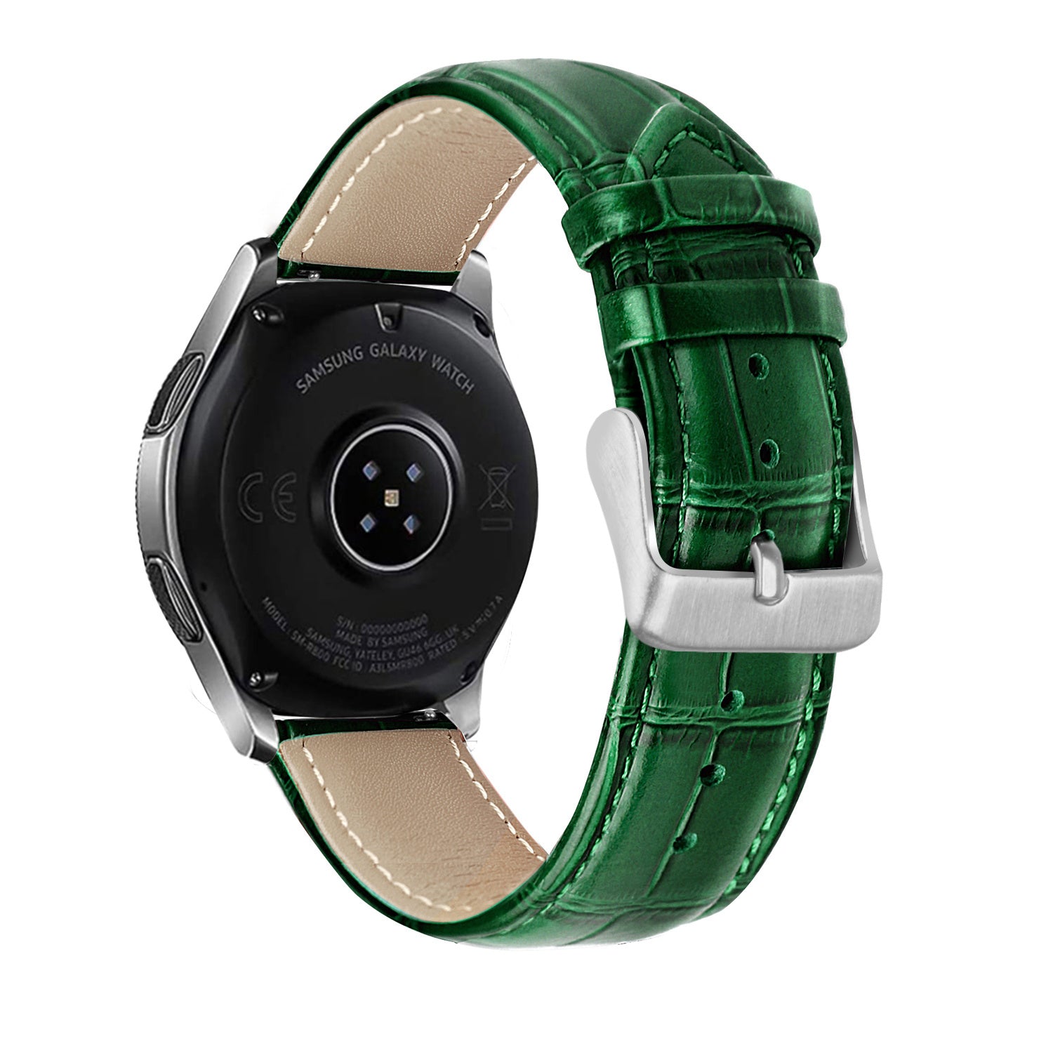 Leather Strap Crocodile Grain, green, on a watch, 3/4 rear view