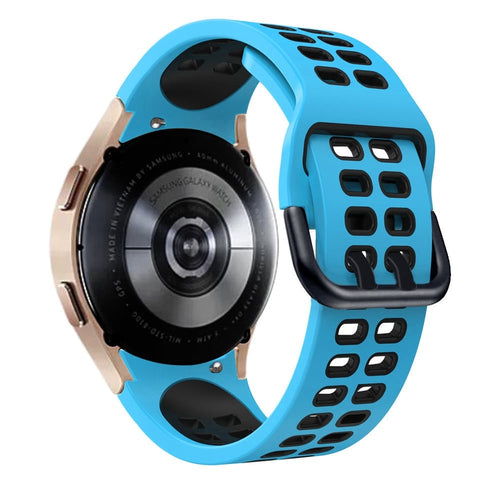 Silicone Squared Sport Strap, light blue/black, on a watch, 3/4 rear view