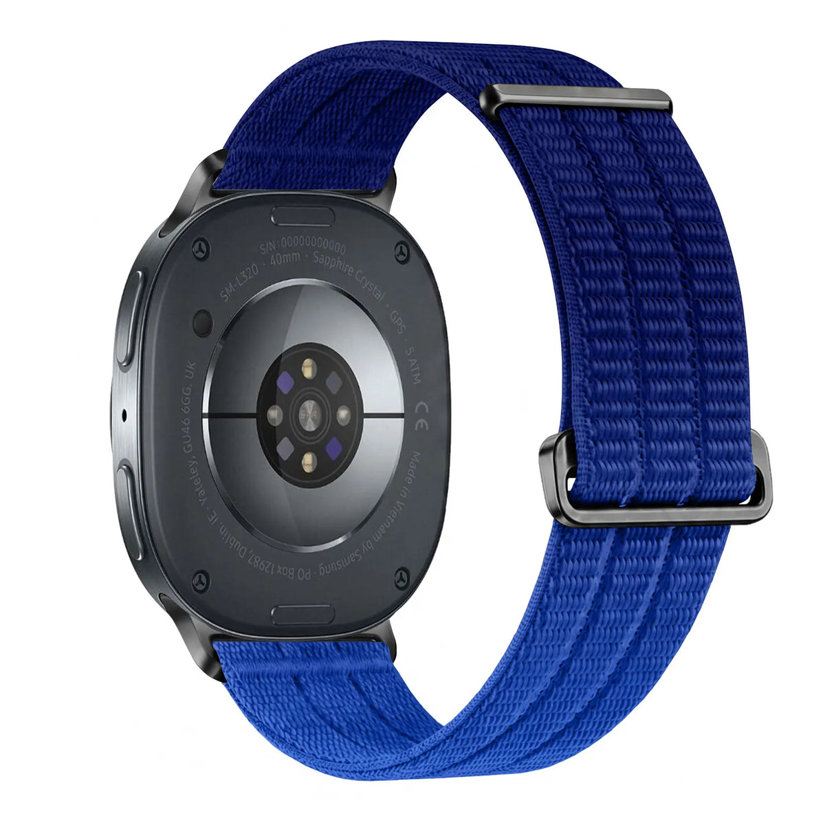 Nylon Air Strap, gradient blue, on a watch, 3/4 rear view