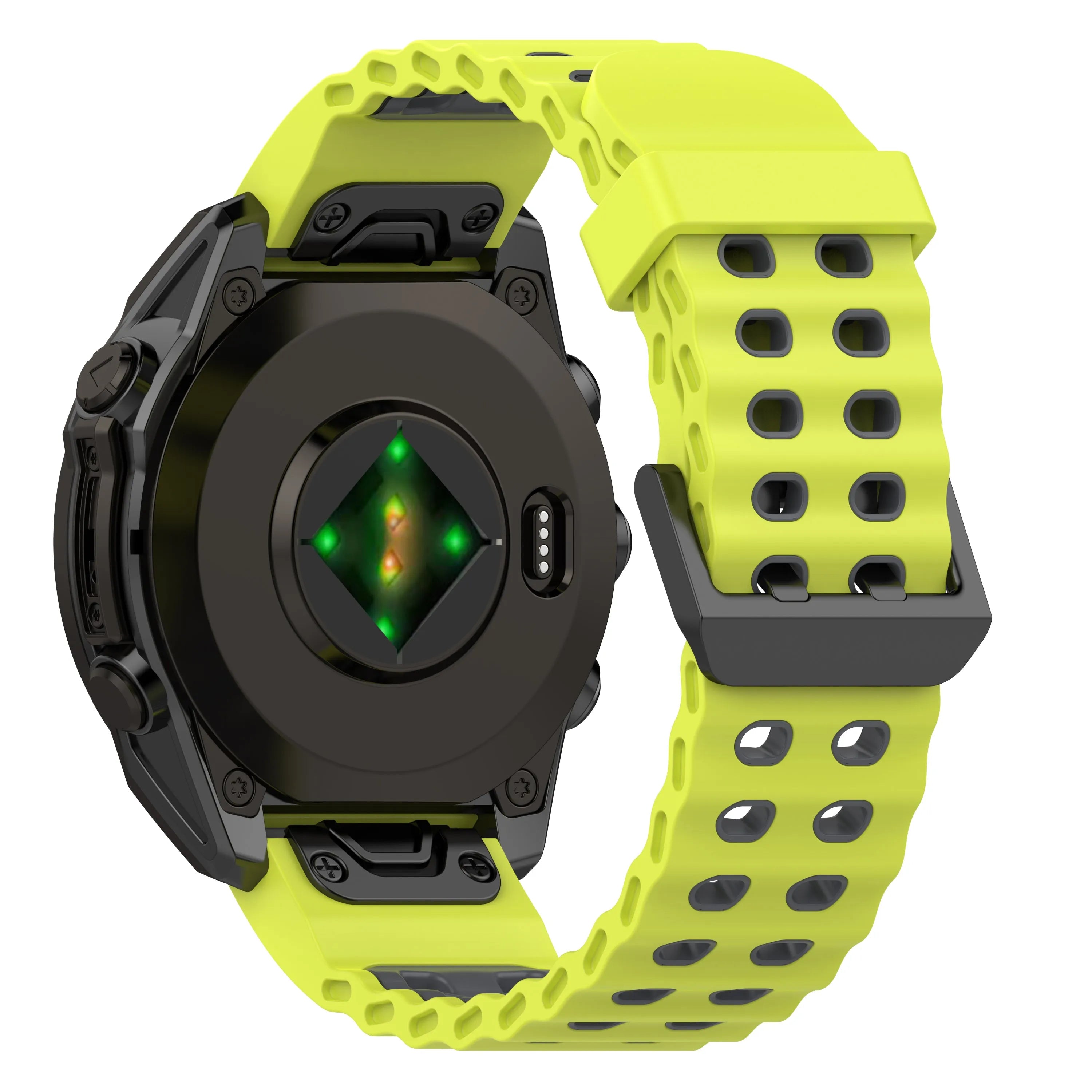 Silicone Wave Sport Strap, lime/dark grey, on a watch, 3/4 rear view