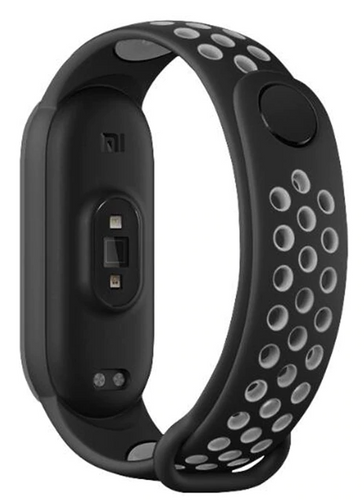 Silicone Sport Strap, black/grey, on a watch, 3/4 rear view