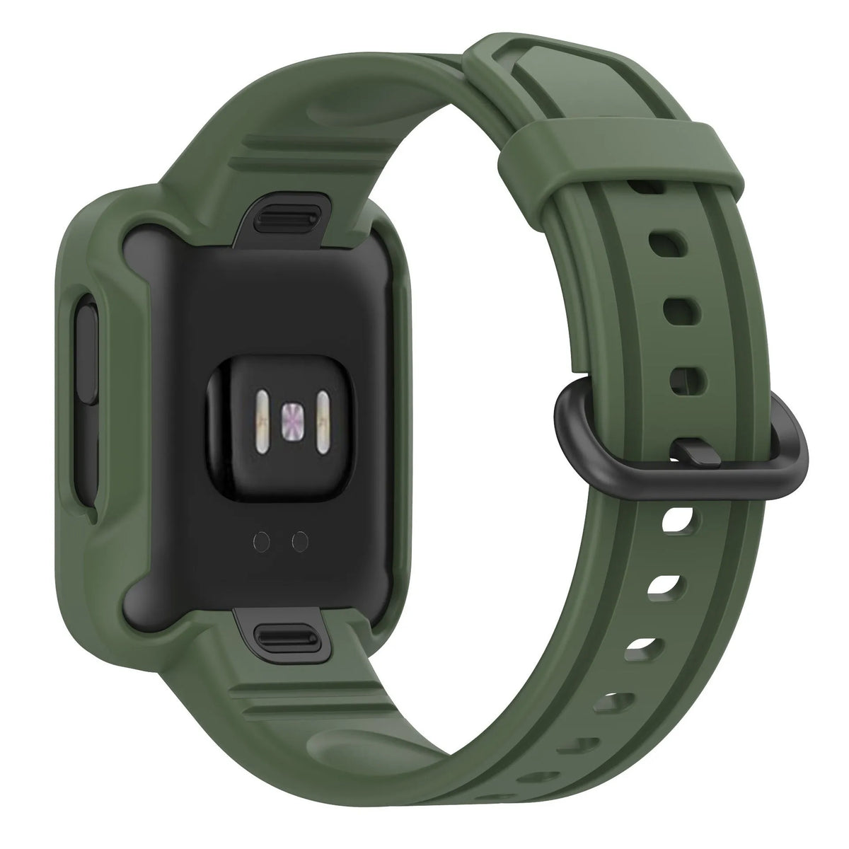 Silicone Strap with Frame, dark green, on a watch, 3/4 rear view