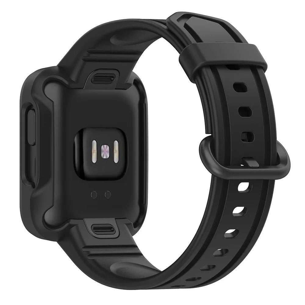 Silicone Strap with Frame, black, on a watch, 3/4 rear view